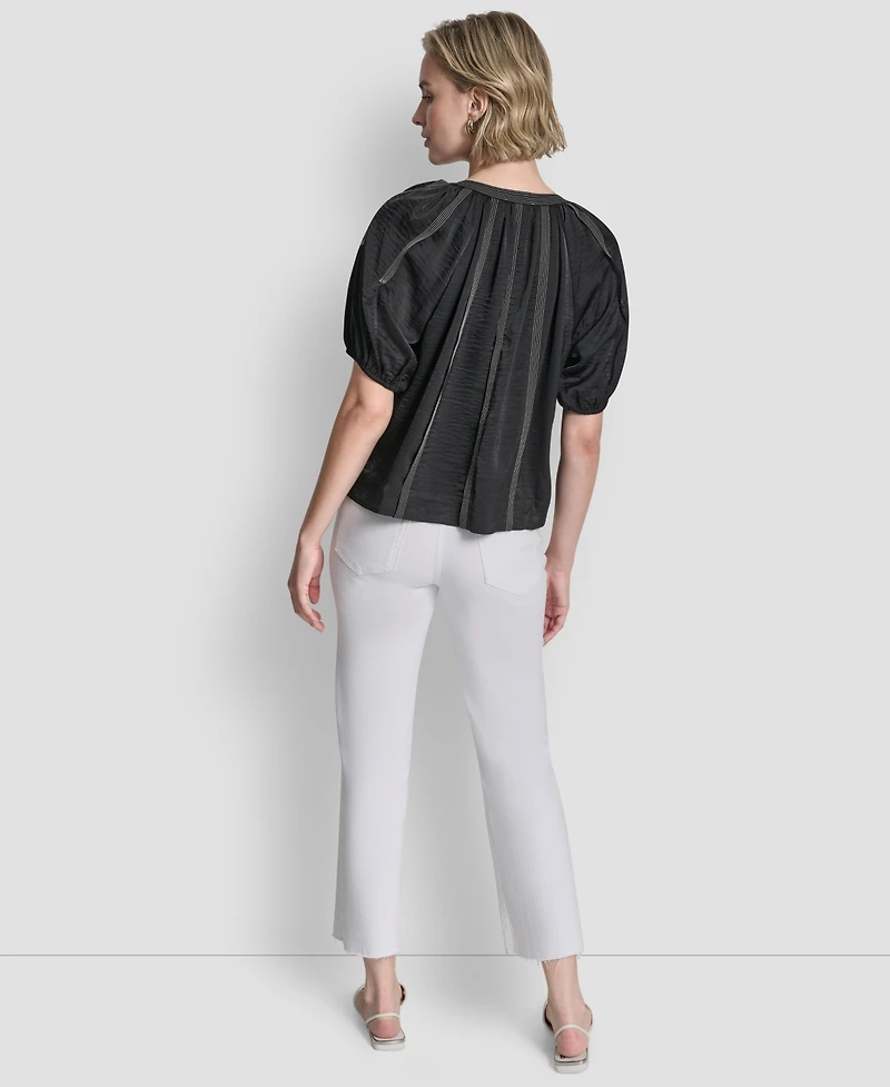 Dkny Women's Puff-Sleeve Top Stitch Tie Front Blouse