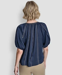 Dkny Women's Puff-Sleeve Top Stitch Tie Front Blouse