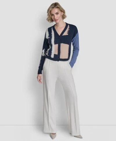 Dkny Womens Knit Pull On Wide Leg Pants Long Sleeve Color Block Cropped Cardigan