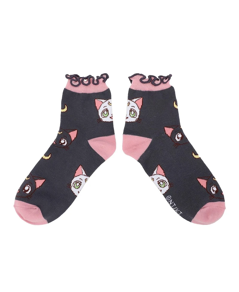 Sailor Moon Women's Cosmic Symbols & Cats 3-Pair Lettuce Edge Casual Quarter Crew Socks