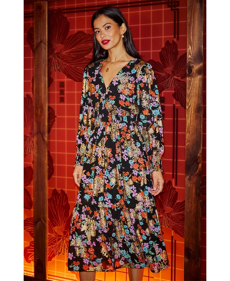 Yumi Women's Floral And Foil Ruched Midi Dress