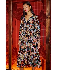 Yumi Women's Floral And Foil Ruched Midi Dress