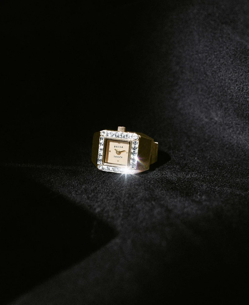 Breda Women's x Dalmata Time Ring Clear Crystals and Gold Expandable Ring Watch, 15mm