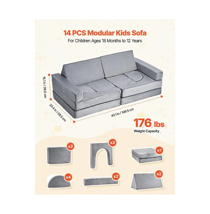 Slickblue 14-Piece Modular Kids Play Couch Sectional with Armrests