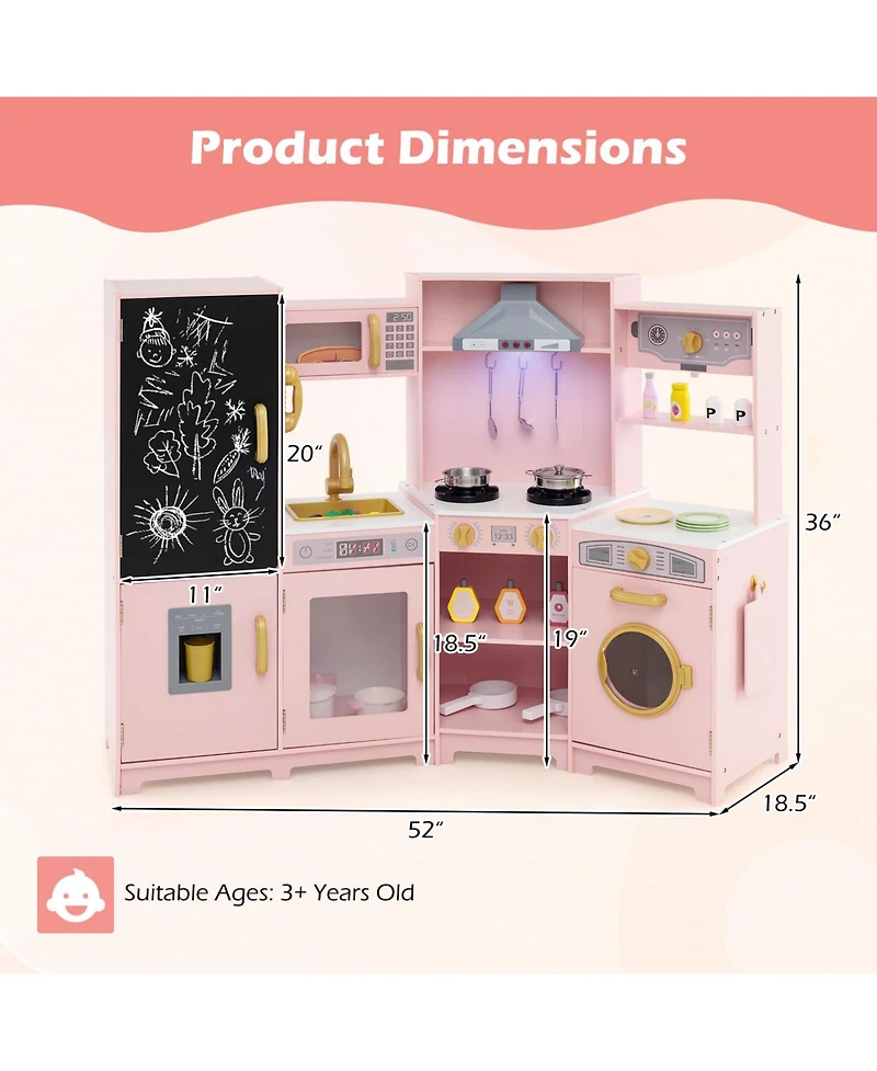 Gymax Corner Kids Play Kitchen Wooden Pretend Toy Kitchen w/ Realistic Lights