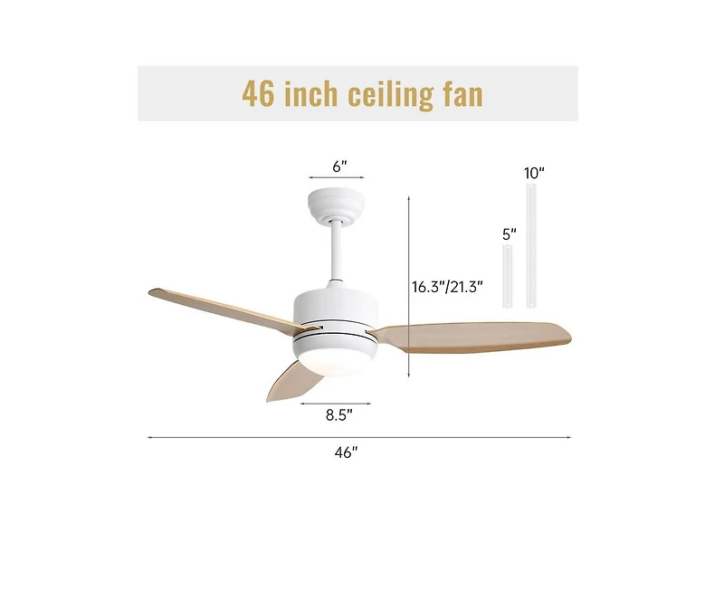 Sofucor 46-inch Modern White 3-blade Ceiling Fan with Led Light with Six-speed Remote Control