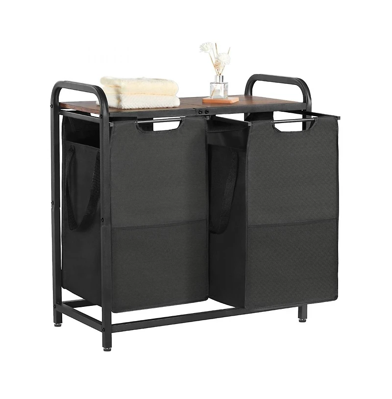Slickblue 2-Section Laundry Sorter with Pull-Out Bags and Wooden Top