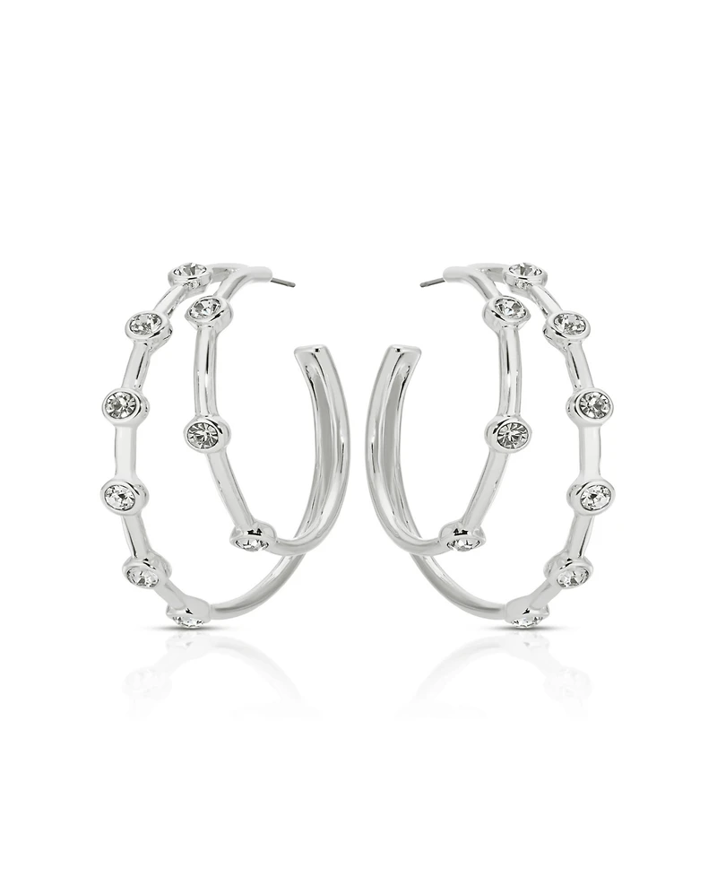 Ettika Silver Plated Double Sparkle Hoop Earrings