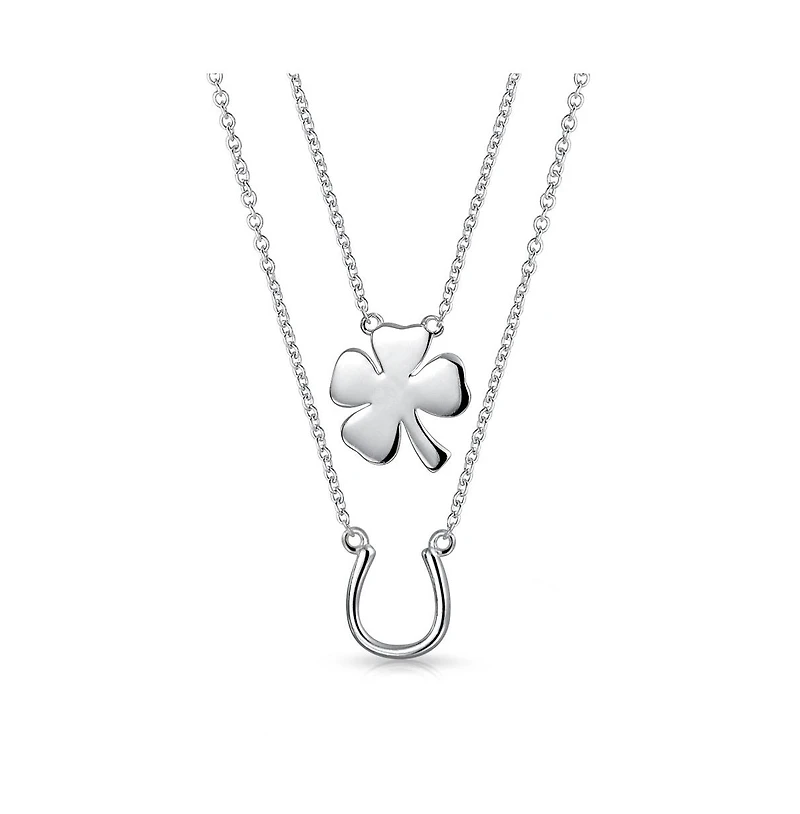 Bling Jewelry Set of 2 Four Lucky Clover & Lucky Horseshoe Pendant Necklace Sterling Silver
