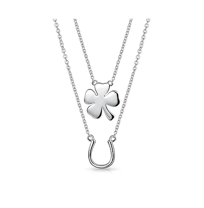 Bling Jewelry Set of 2 Four Lucky Clover & Lucky Horseshoe Pendant Necklace Sterling Silver