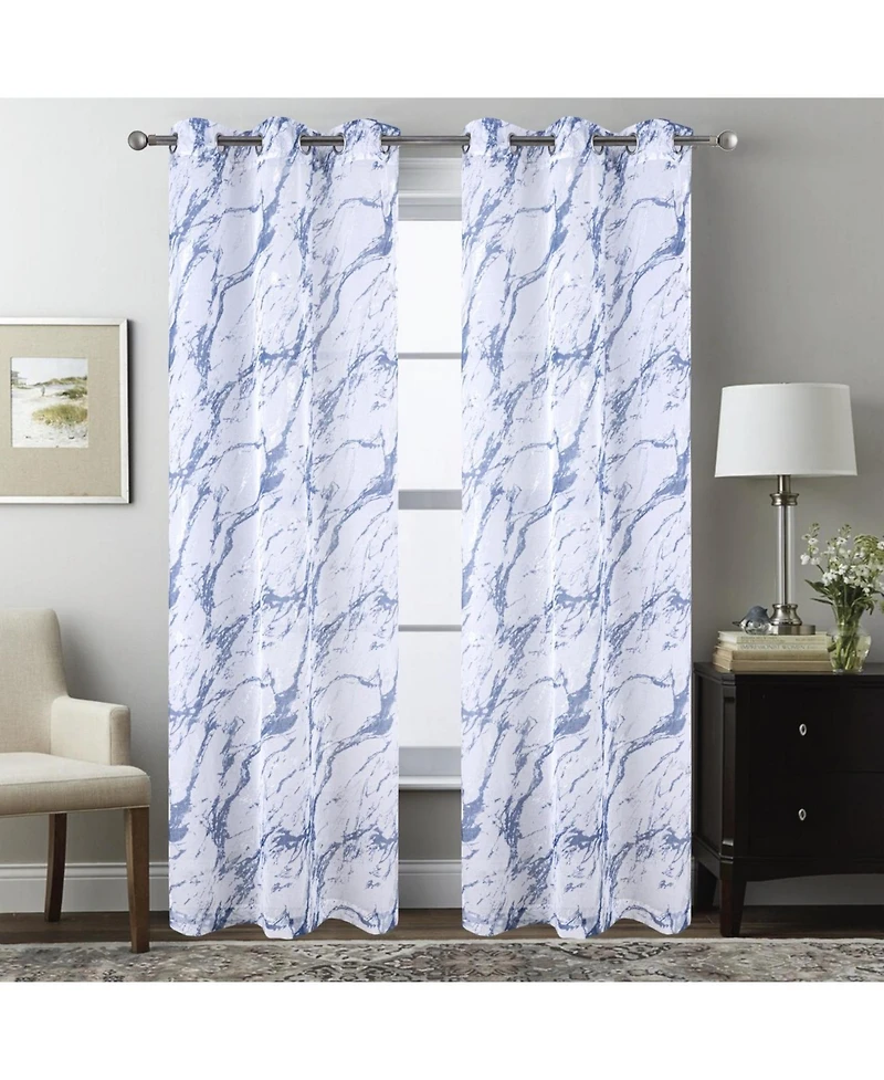 Rt Designers Collection Marble Grommet Metallic Sheer Printed Doily Curtain Panel 54" x Blue