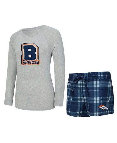 Concepts Sport Women's 2-Piece Heather Gray/Navy Denver Broncos Regulate Plaid Long-Sleeve T-Shirt and Shorts Sleep Set