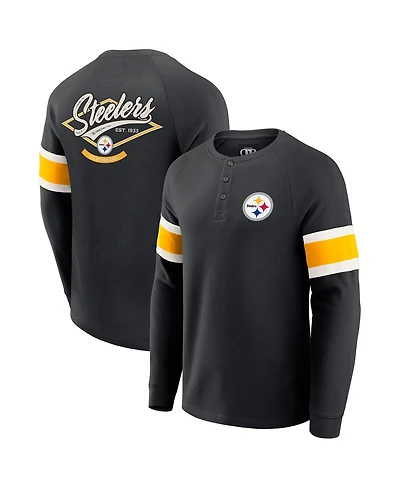 Fanatics Men's Black Pittsburgh Steelers Waffle-Knit Raglan Long Sleeve Henley T-Shirt