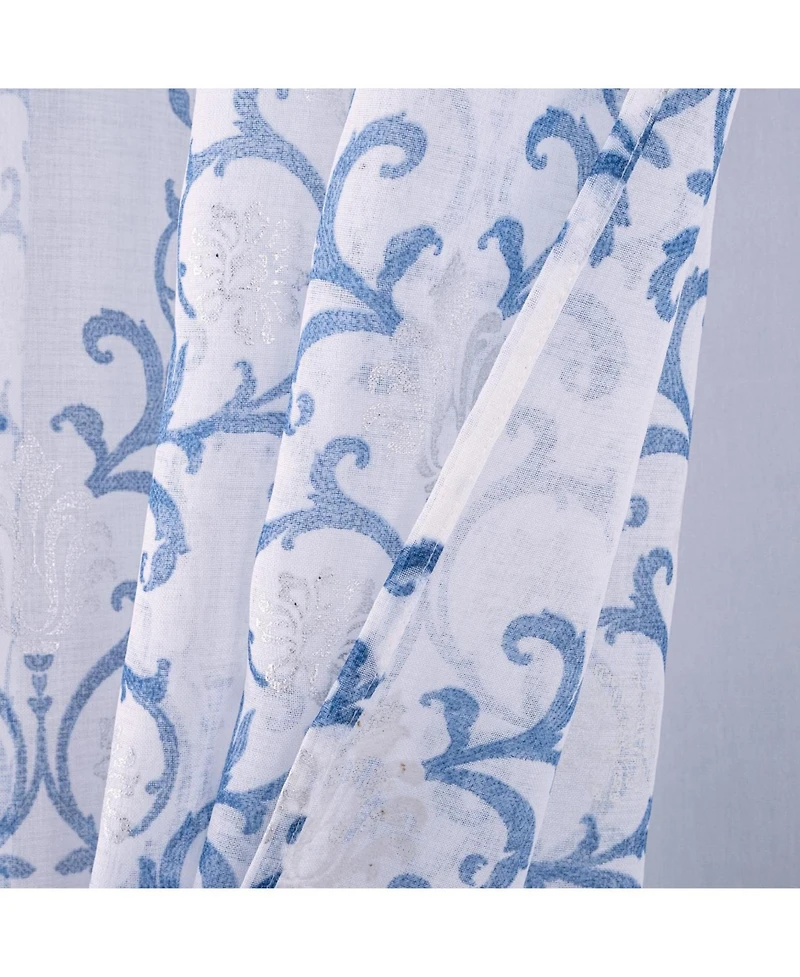 Rt Designers Collection Crown Grommet Sheer Metallic Printed Doily Curtain Panel 54" x 84" Blue