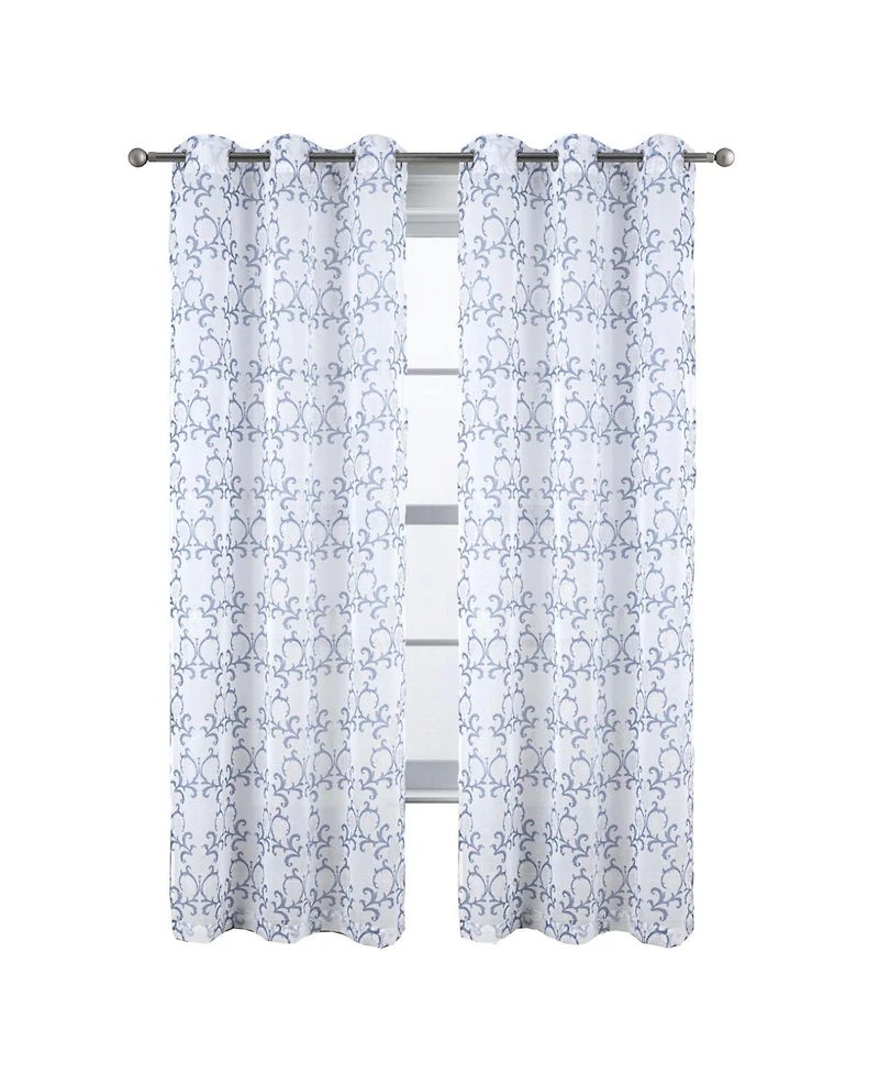 Rt Designers Collection Crown Grommet Sheer Metallic Printed Doily Curtain Panel 54" x 90" Blue