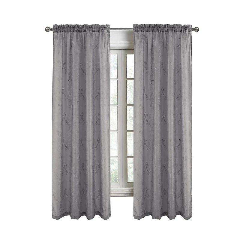 Rt Designers Collection Pearl Emb Metallic Doily Rod Pocket Room Darkening Window Curtain Panel for Bedroom 54" x 95" Charcoal