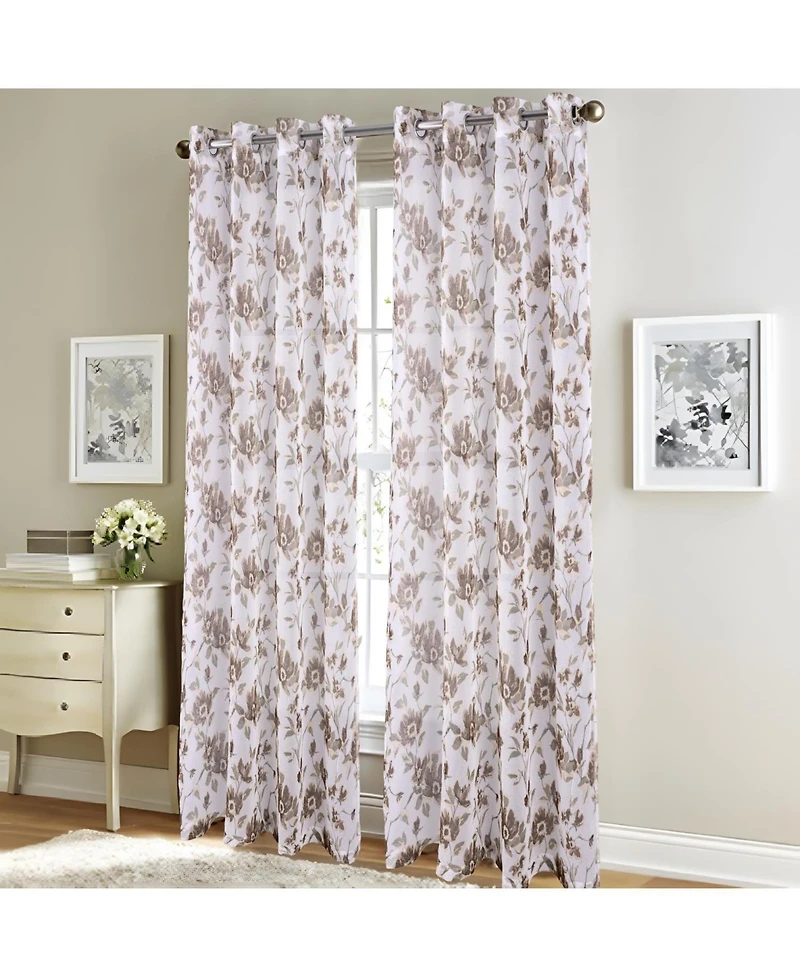 Rt Designers Collection Meadow Grommet Metallic Sheer Printed Doily Curtain Panel 54" x 95" Taupe