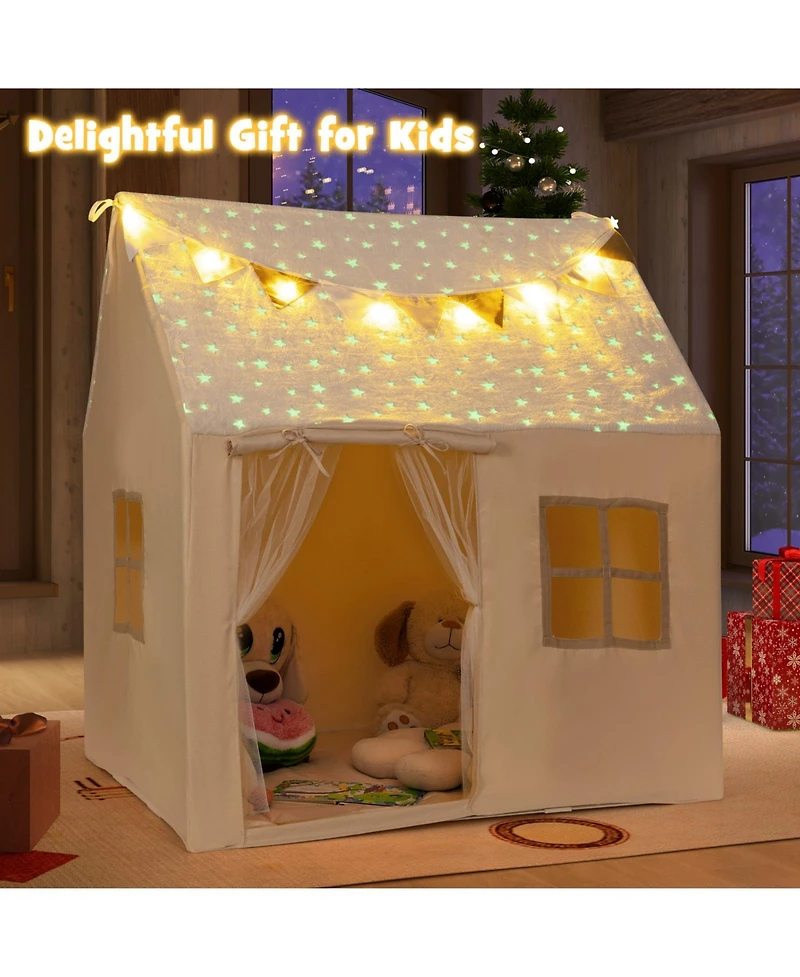 Gymax Kids Play Tent w/Padded Mat Light String Glow-in-the-dark Fabric Colorful Flags