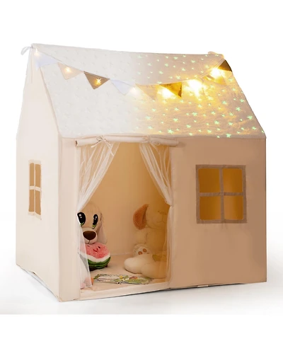 Gymax Kids Play Tent w/Padded Mat Light String Glow-in-the-dark Fabric Colorful Flags