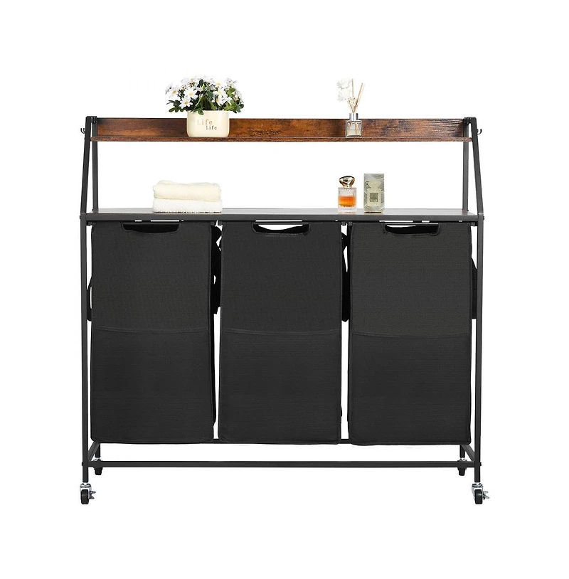 Slickblue Laundry Sorter on Wheels with 2 Tiers, 3 Bags, and Hooks