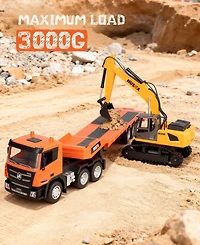 Sugift Rc Semi Truck & Excavator Toy Set, 1:24 Remote Control Construction Vehicles with Lights & Sound
