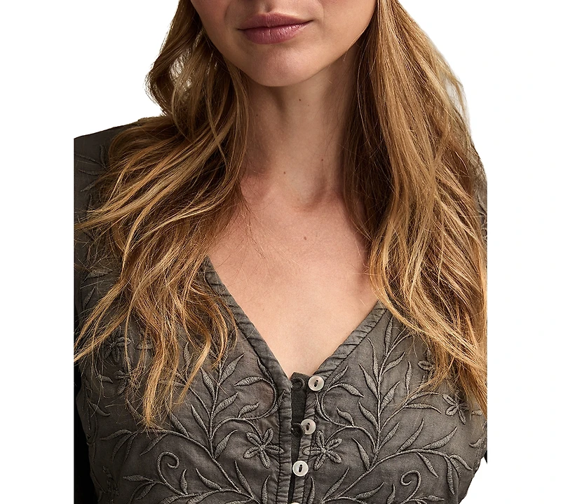 Lucky Brand Women's Embroidered Yoke Tiered Long-Sleeve Top