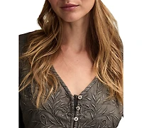 Lucky Brand Women's Embroidered Yoke Tiered Long-Sleeve Top