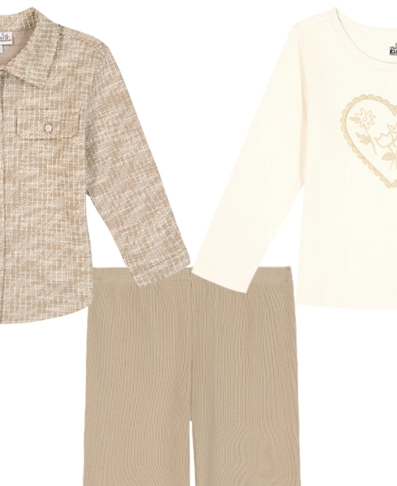 Kids Headquarters Girls' Toddler 2T-4T Long-Sleeve T-Shirt, Shacket, and Leggings, 3-Piece Set