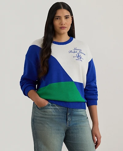 Lauren Ralph Plus Color-Blocked Long-Sleeve Sweater
