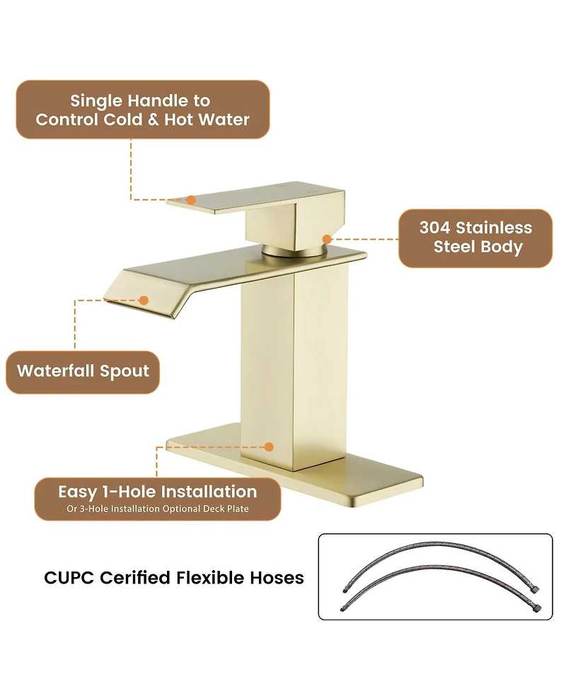 Single-Handle Waterfall Bathroom Faucet, Lead-Free 304 Stainless Steel Sink Faucet with Cold/Hot Water Function