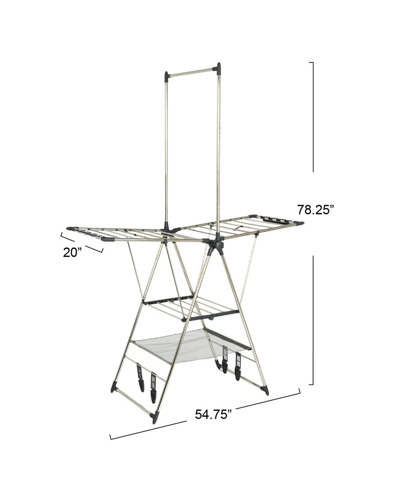 Household Essentials Multi Tier Stainless Steel Laundry Drying Rack with T Bar and Two Side Wings, Silver