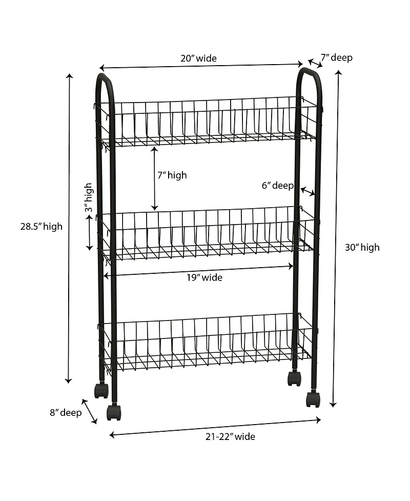 Household Essentials Slim Storage Cart, 3 Shelf Storage Cart with Wheels, Black