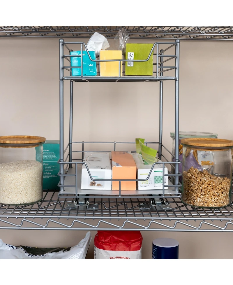 Household Essentials Glidez Steel Pull-Out Storage Organizer, 2-Tier Design, Brushed Silver