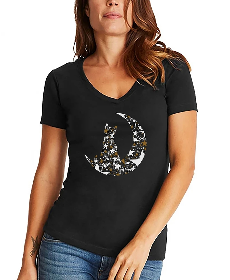 La Pop Art Women's Cat Sitting On Moon Word V-Neck T-Shirt
