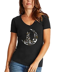 La Pop Art Women's Cat Sitting On Moon Word V-Neck T-Shirt
