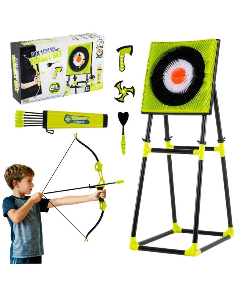 4-in-1 Throwing Target Game Set with Axes, Darts, Bow & Arrows for Kids and Adults