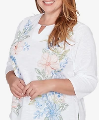 Alfred Dunner Plus St. Augustine Blooming Floral Embroidered Split Neck Top