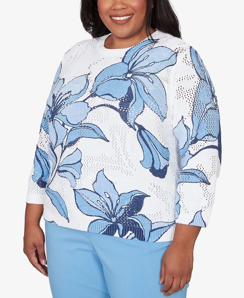 Alfred Dunner Plus St. Augustine Abstract Floral Print Ribbed Sweater