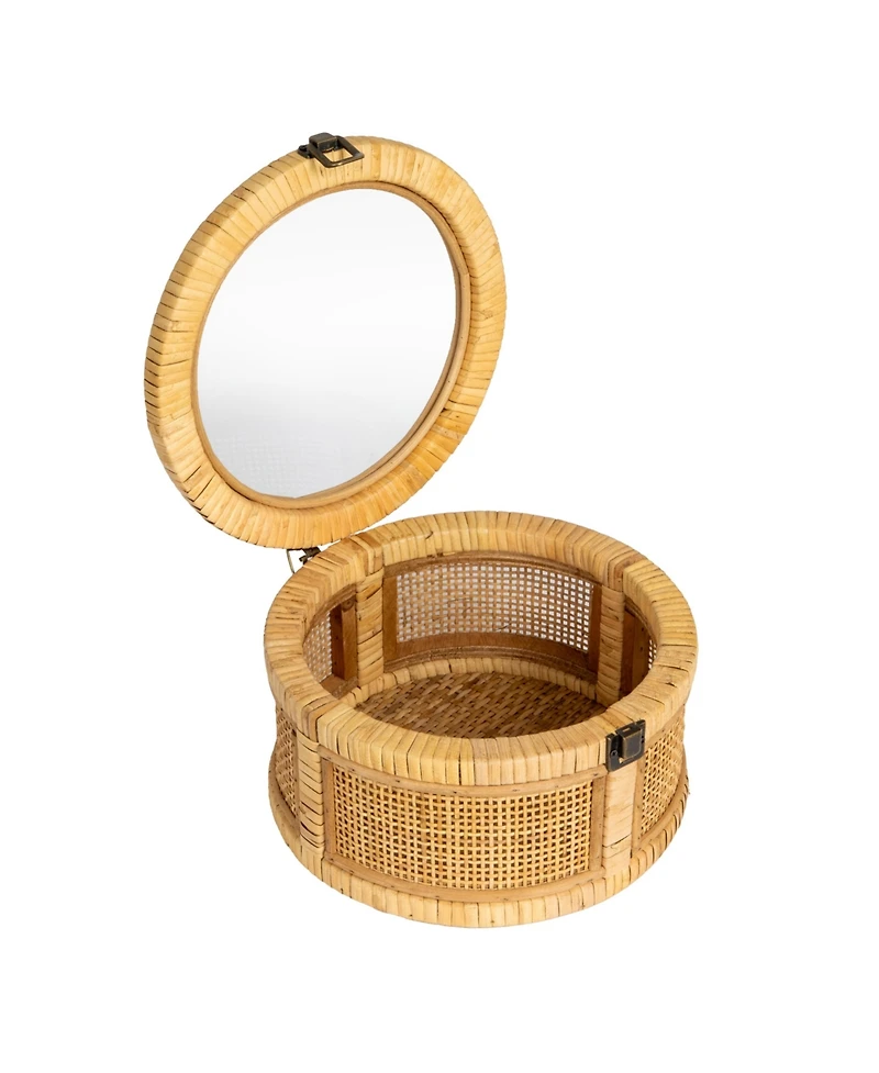 Storied Home Rattan and Bamboo Nestable Round Storage with Glass Lids, Natural, Set of 2