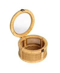Storied Home Rattan and Bamboo Nestable Round Storage with Glass Lids, Natural, Set of 2