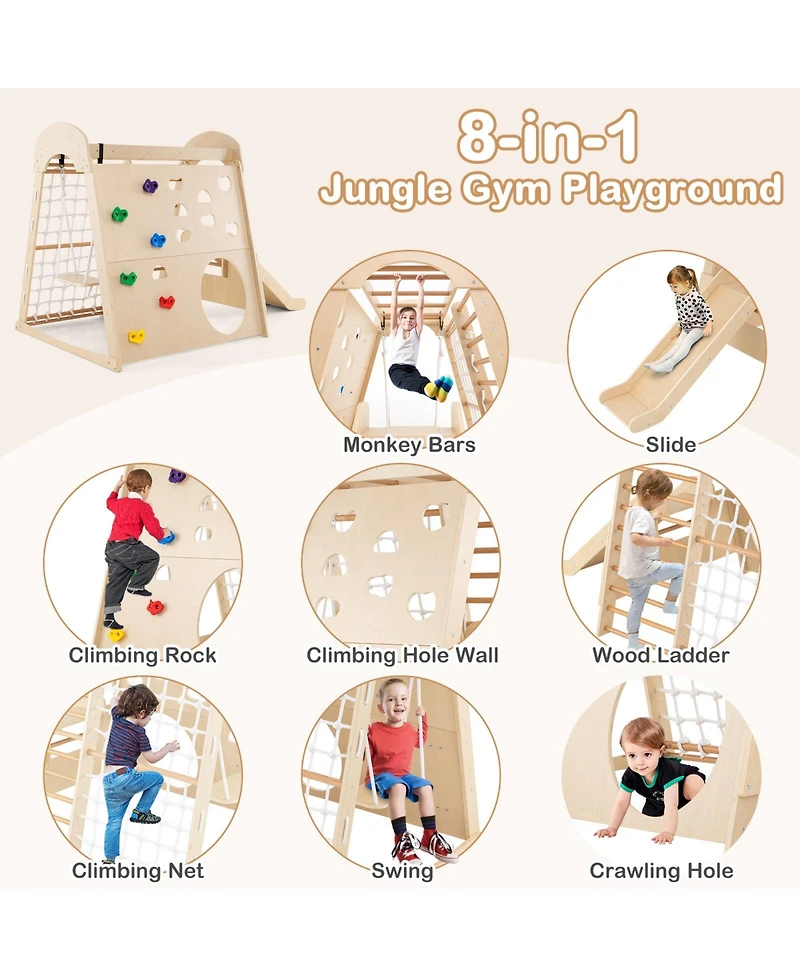 Skonyon 8-in-1 Indoor Wooden Jungle Gym Playground with Swing and Climbing Wall – Natural