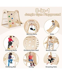 Skonyon 8-in-1 Indoor Wooden Jungle Gym Playground with Swing and Climbing Wall – Natural