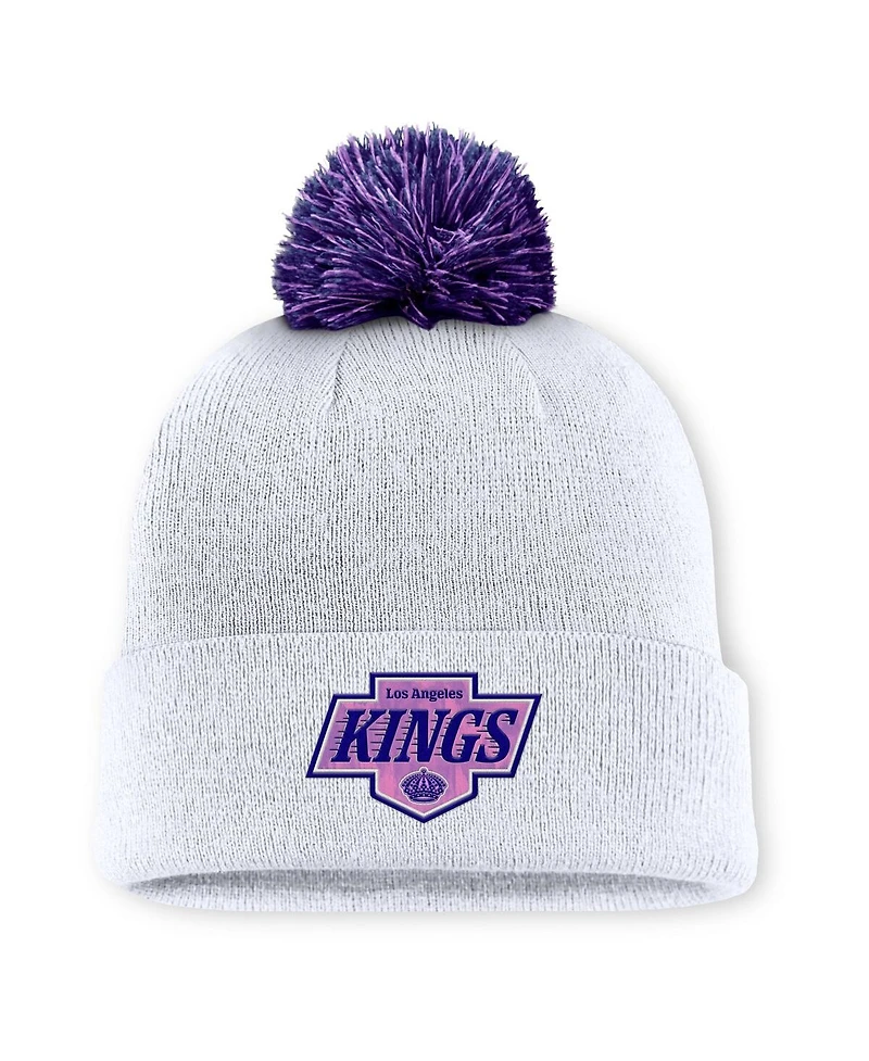Men's White Los Angeles Kings Authentic Pro Hockey Fights Cancer Cuffed Knit Hat with Pom