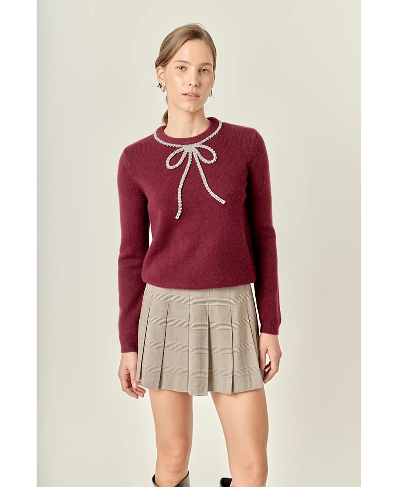 English Factory Petite Rhinestone Bow Knit