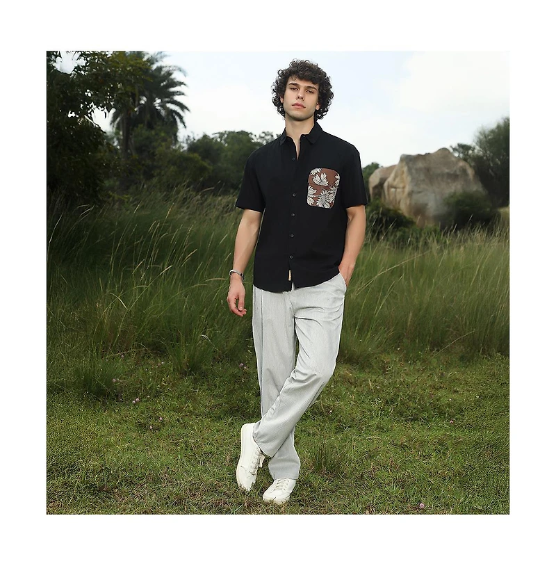 Campus Sutra Men's Chocolate Brown & Obsidian Black Flora-Block Shirt