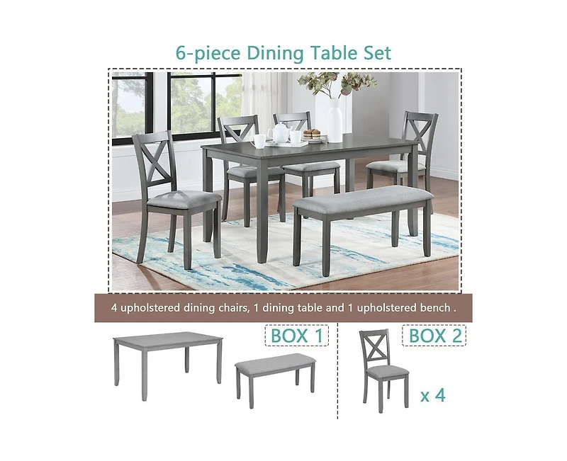 Casainc 6-Piece Grey Kitchen Counter Set with Rectangular Wooden Dining Table 4 Padded Chairs and Bench
