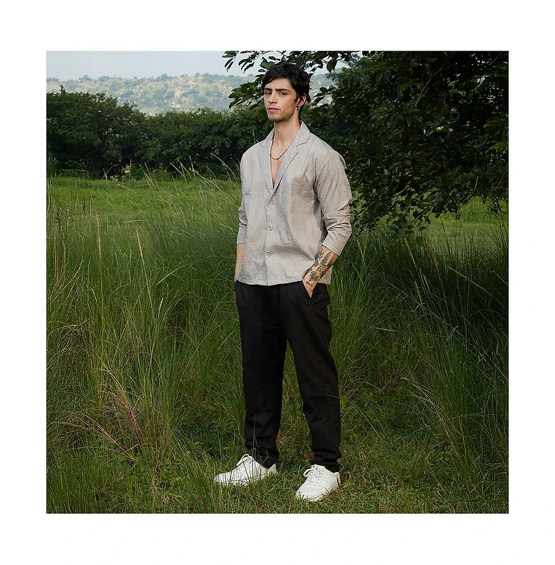 Campus Sutra Men's Ecru Beige Wrinked Korean Oversized Shirt