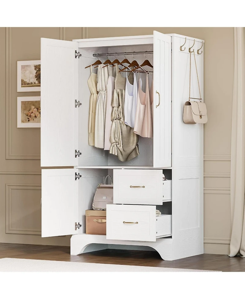White Wardrobe Closet with Mirror and Doors, Drawers and Shelves, Wooden Armoire Storage Cabinet with Hanging Rod for Bedroom