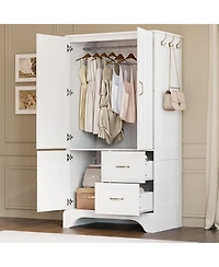 White Wardrobe Closet with Mirror and Doors, Drawers and Shelves, Wooden Armoire Storage Cabinet with Hanging Rod for Bedroom