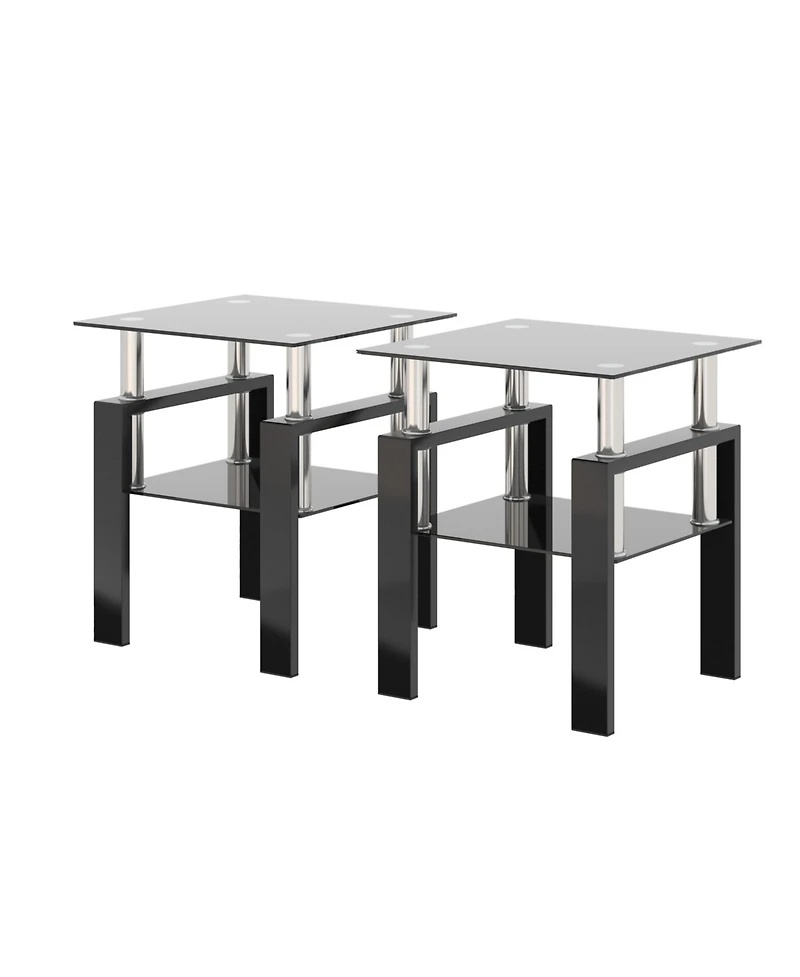sumyeg Set of 2 Modern Square Tempered Glass Coffee Tables with Solid Frame